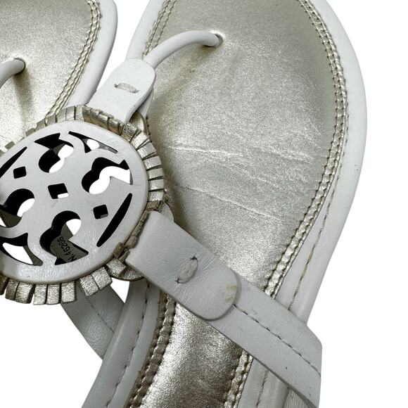 TORY BURCH Metallic Gold Cream Fringe Miller Logo Sandals Flip Flops Size 8 - Picture 5 of 9